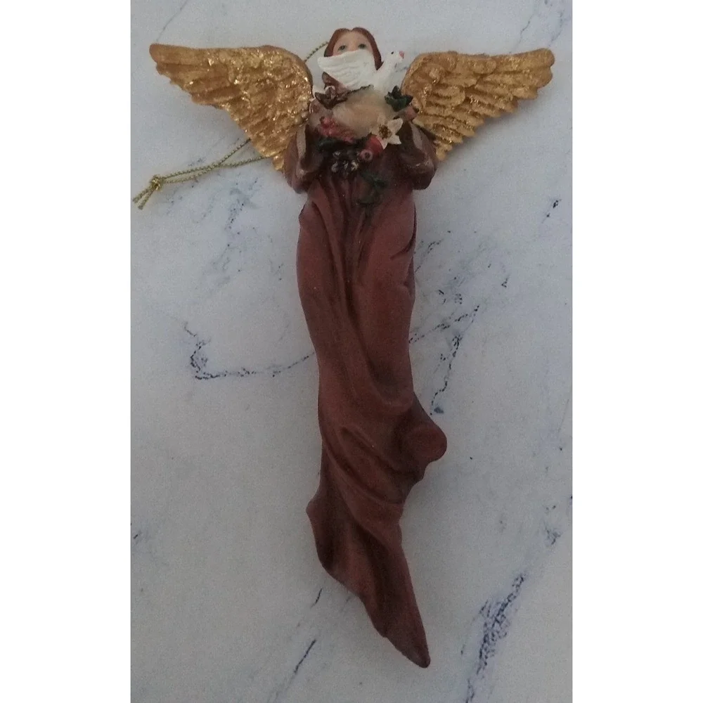 Christmas Tree ornament angel holding Dove with red dress blonde hair Gold Wings